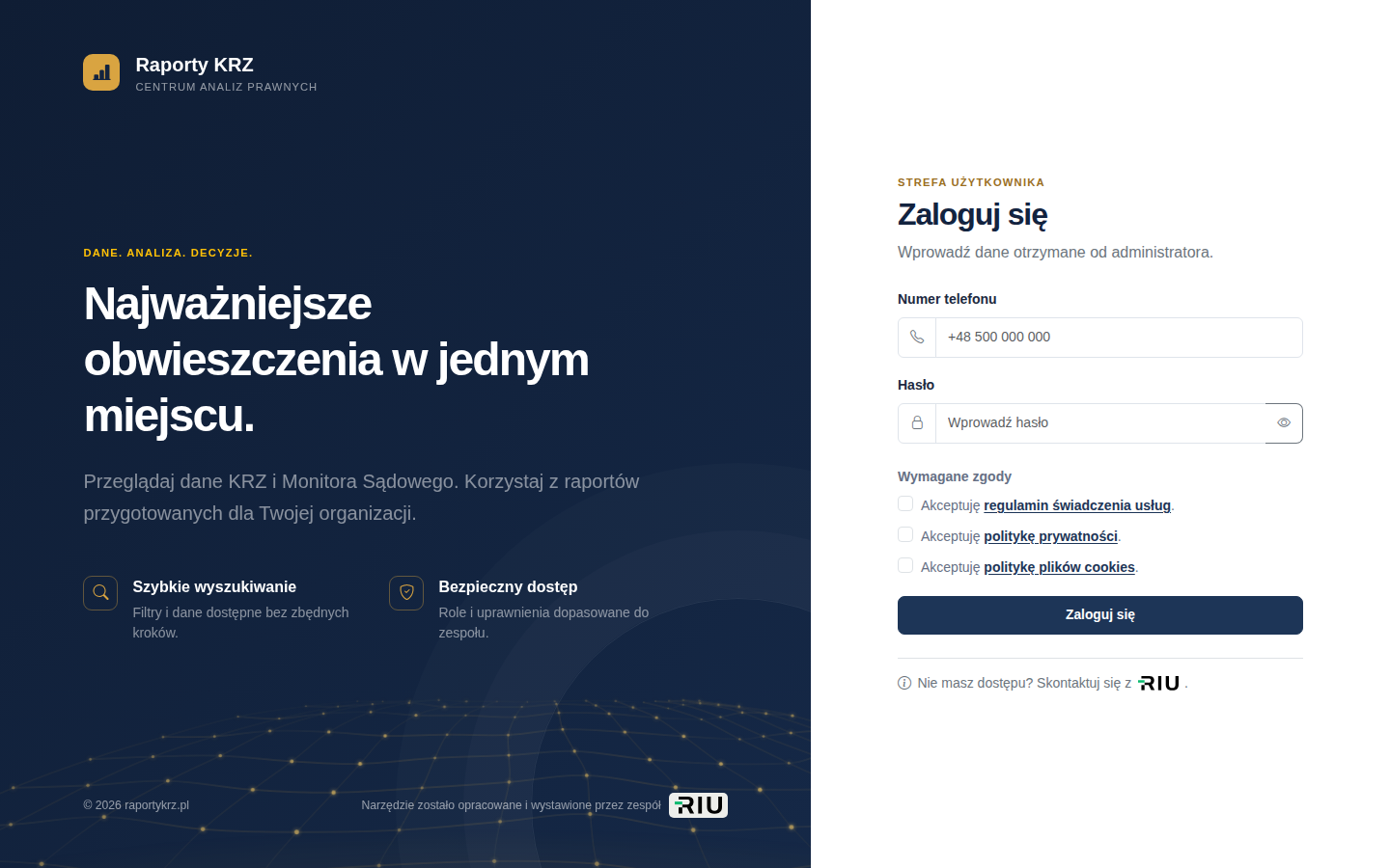 Ekran logowania i prezentacja platformy Raporty KRZ